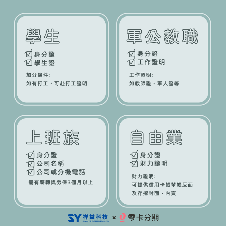 在祥益科技申請中租零卡分期申請族群檢附資料