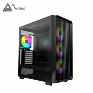 MONTECH X5 黑 玻璃透側機殼 (E-ATX/Type-C/內建風扇前3後1/ARGB風扇/網孔面板/內建顯卡支撐架/顯卡410mm/塔散165mm)