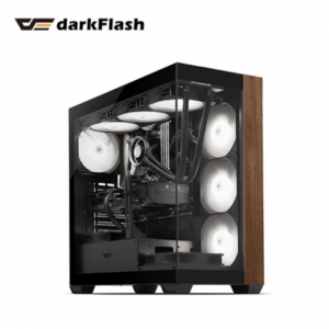 darkFlash DS900 Wood 木紋版 黑 全景玻璃機殼 (ATX/Type-C/內建風扇側3後1/胡桃木紋理/內附顯卡支架/ARGB風扇/顯卡425mm/塔散170mm)
