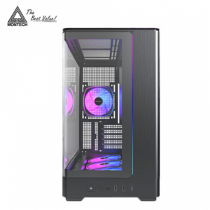 MONTECH KING 15 PRO 黑 全景玻璃機殼 (M-ATX/Type-C/內建風扇底3後1/曲面玻璃/ARGB燈光/斜角風扇設計/顯卡435mm/塔散187mm)
