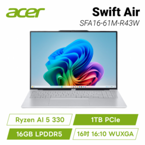acer Swift Air SFA16-61M-R43W 銀 宏碁時尚輕纖筆電/Ryzen AI 5 330/16GB LPDDR5/1TB PCIe/16吋 16:10 WUXGA/W11/含原廠包包及滑鼠