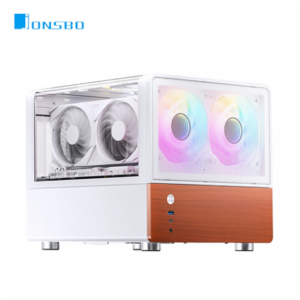 JONSBO 喬思伯 V12 白 鋁合金機殼 雙曲環景臥式機殼 (MATX/分艙橫躺/內建2無限鏡風扇/胡桃實木)
