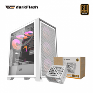 darkFlash DRX70 白 玻璃透側機殼 (ATX/Type-C/內建風扇前3後1/顯卡350mm/塔散180mm)+darkFlash EMT 650W 白 (80+銅牌/主日系/十年保固)